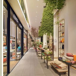 A bustling ground floor filled with diverse shops featuring an array of product displays, and an elegantly designed residential first floor with stylish, cozy furnishings.