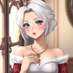 A refined and sophisticated princess with white hair styled in a French cut, held up with a decorative clip, and striking French blue eyes