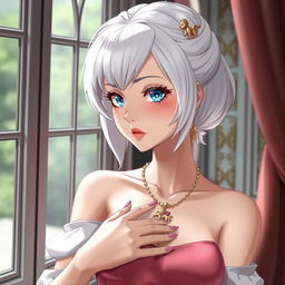 A refined and sophisticated princess with white hair styled in a French cut, held up with a decorative clip, and striking French blue eyes