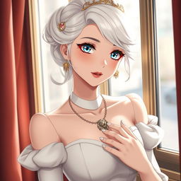 A refined and sophisticated princess with white hair styled in a French cut, held up with a decorative clip, and striking French blue eyes