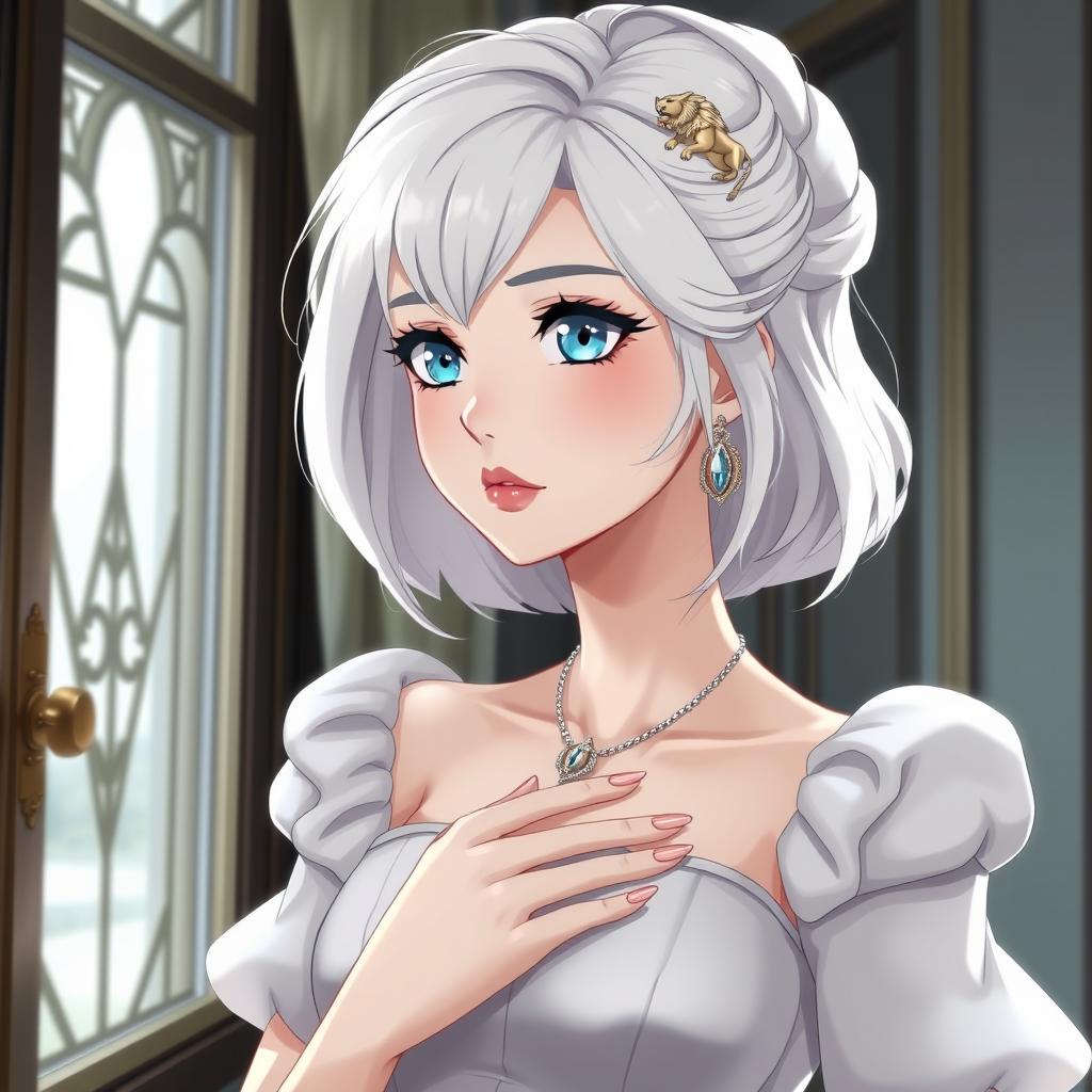 A refined and sophisticated princess with white hair styled in a French cut, held up with a decorative clip, and striking French blue eyes