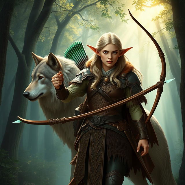 A regal elf ranger radiating elegance and skill, clad in intricately designed leather armor with elegant elven motifs