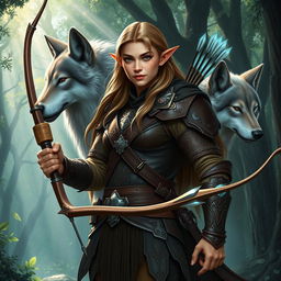 A regal elf ranger radiating elegance and skill, clad in intricately designed leather armor with elegant elven motifs