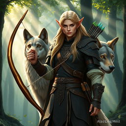 A regal elf ranger radiating elegance and skill, clad in intricately designed leather armor with elegant elven motifs