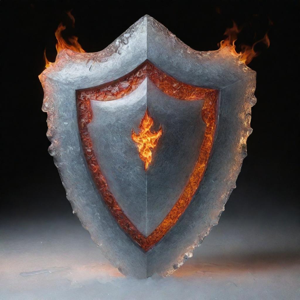 A sturdy shield, sculpted entirely of frosty ice, and paradoxically wrapped in intense, dancing flames.