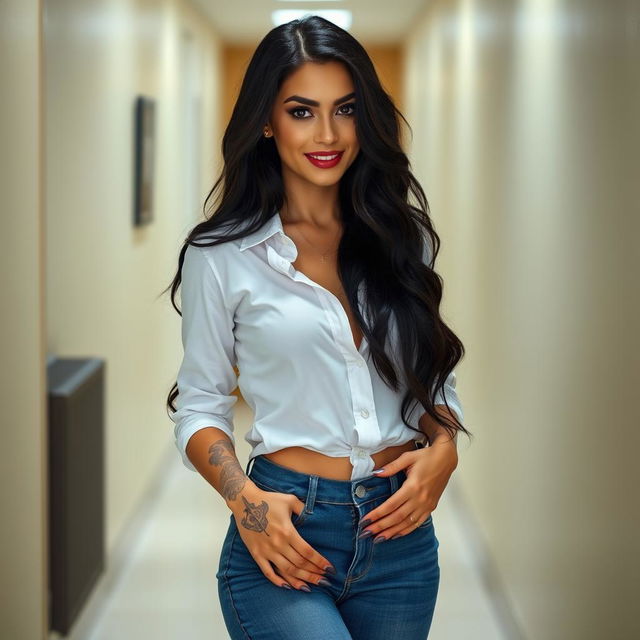 A stunning woman with a pretty, hot face and a sexy body, exuding allure as she stands in a corridor