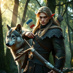 A striking male elf ranger, embodying grace and precision, adorned in ornate leather armor with exquisite elvish patterns