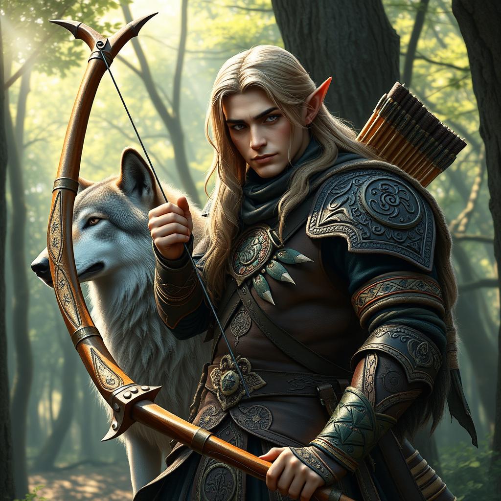 A striking male elf ranger, embodying grace and precision, adorned in ornate leather armor with exquisite elvish patterns