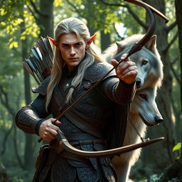 A striking male elf ranger, embodying grace and precision, adorned in ornate leather armor with exquisite elvish patterns