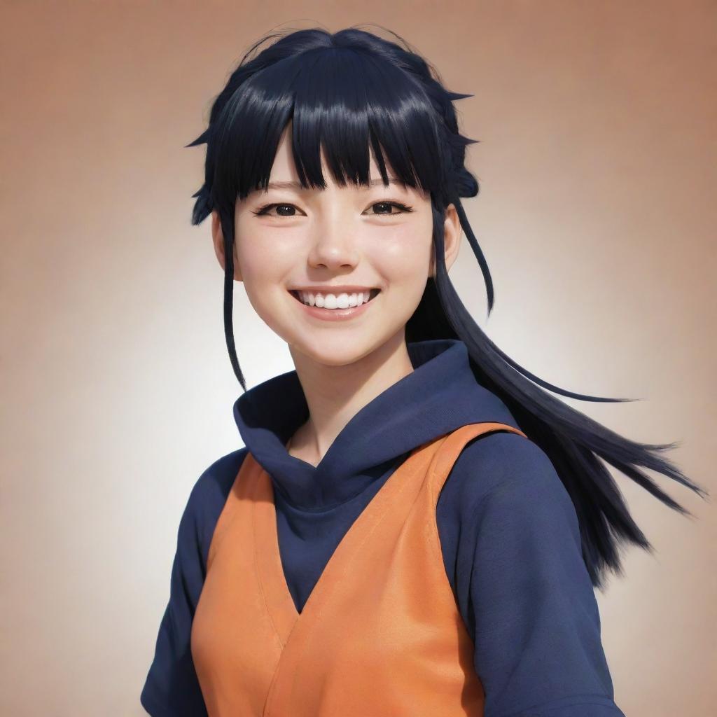 An anime-style depiction of Hinata, character from Naruto, with a wide smile and typical ninja outfit