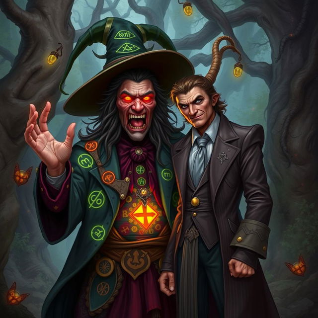 A crazy warlock, exuding chaotic energy and surrounded by an aura of mystery, with his Trickster Archfey patron beside him in human form