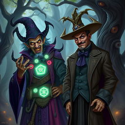 A crazy warlock, exuding chaotic energy and surrounded by an aura of mystery, with his Trickster Archfey patron beside him in human form