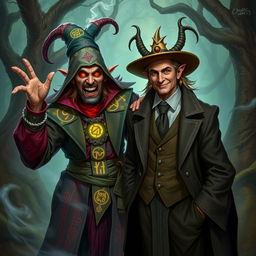 A crazy warlock, exuding chaotic energy and surrounded by an aura of mystery, with his Trickster Archfey patron beside him in human form