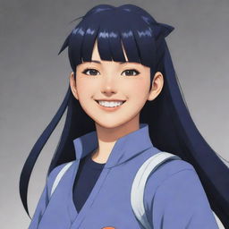 An anime-style depiction of Hinata, character from Naruto, with a wide smile and typical ninja outfit