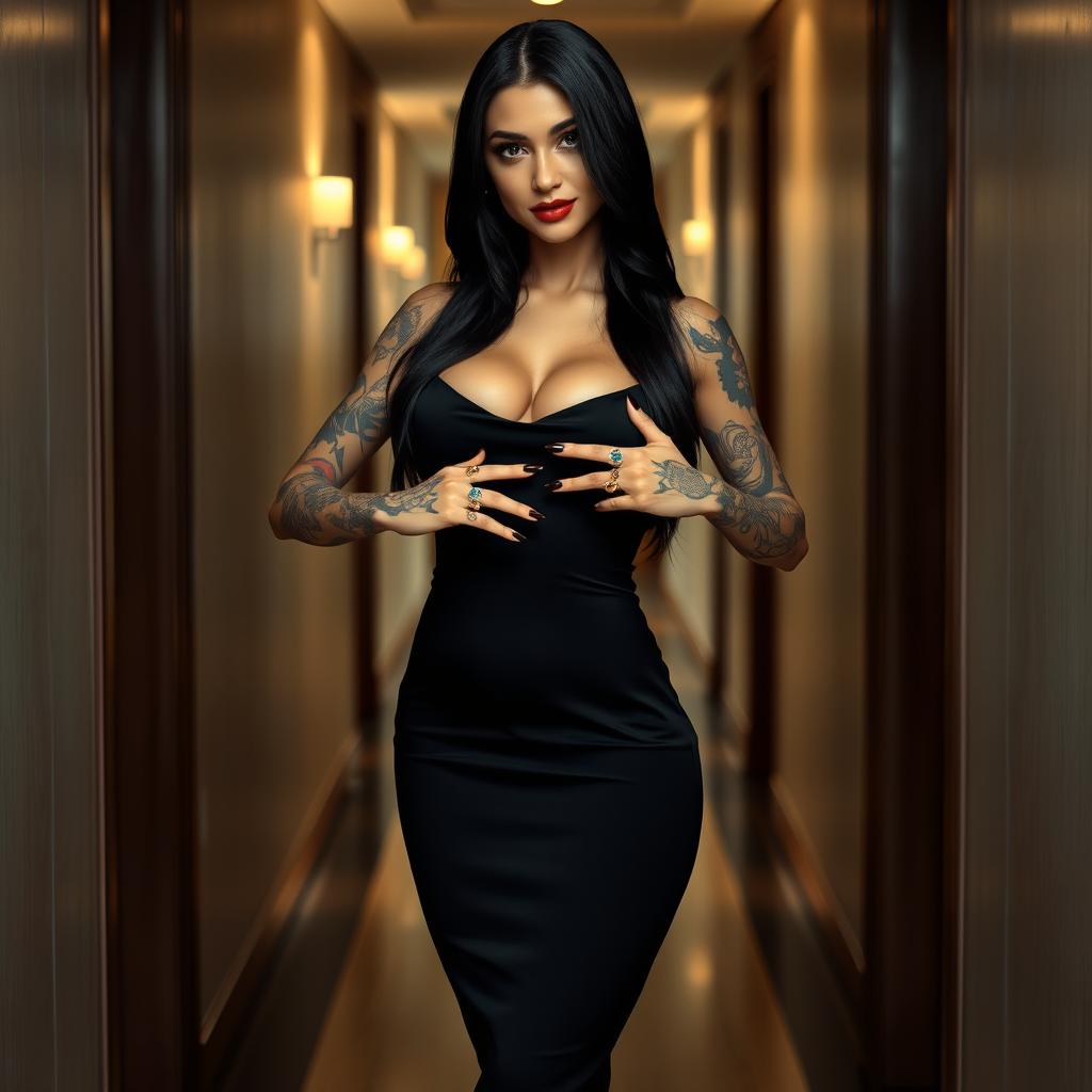 A stunning woman with a pretty, hot face and an exceptionally sexy body, striking a pose in a corridor