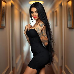 A stunning woman with a pretty, hot face and an exceptionally sexy body, striking a pose in a corridor