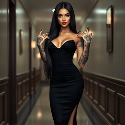 A stunning woman with a pretty, hot face and an exceptionally sexy body, striking a pose in a corridor