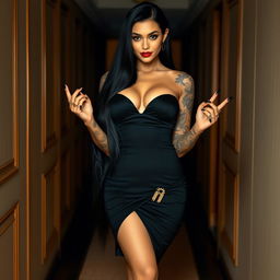 A stunning woman with a pretty, hot face and an exceptionally sexy body, striking a pose in a corridor