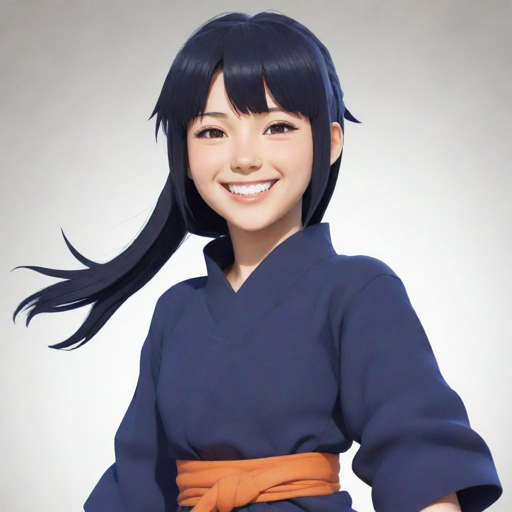 An anime-style depiction of Hinata, character from Naruto, with a wide smile and typical ninja outfit