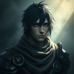 Mystical warrior portrait set in a dark, foggy ambiance with sunlight shining on his face