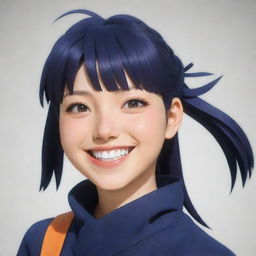 An anime-style depiction of Hinata, character from Naruto, with a wide smile and typical ninja outfit