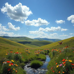 A serene landscape with rolling hills under a clear blue sky, dotted with fluffy white clouds