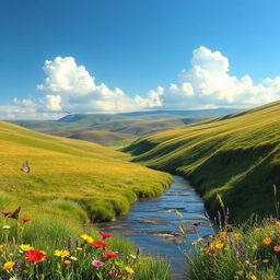 A serene landscape with rolling hills under a clear blue sky, dotted with fluffy white clouds