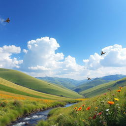 A serene landscape with rolling hills under a clear blue sky, dotted with fluffy white clouds