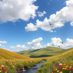 A serene landscape with rolling hills under a clear blue sky, dotted with fluffy white clouds