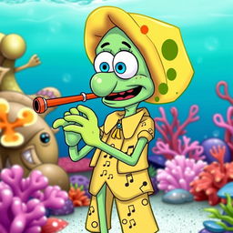 Squidward Tentacles character from SpongeBob SquarePants, dressed in a unique flute-themed outfit