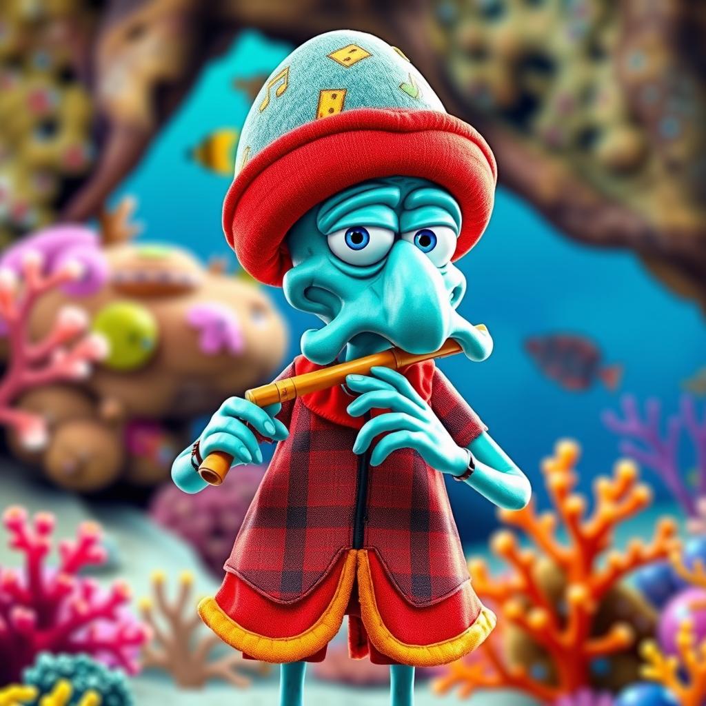 Squidward Tentacles character from SpongeBob SquarePants, dressed in a unique flute-themed outfit