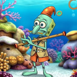 Squidward Tentacles character from SpongeBob SquarePants, dressed in a unique flute-themed outfit