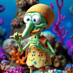 Squidward Tentacles character from SpongeBob SquarePants, dressed in a unique flute-themed outfit