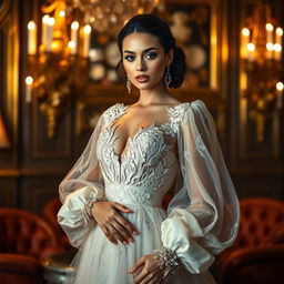 A glamorous, high-fashion photoshoot featuring an anonymous model exuding elegance and sophistication in a luxurious setting