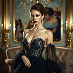 A glamorous, high-fashion photoshoot featuring an anonymous model exuding elegance and sophistication in a luxurious setting