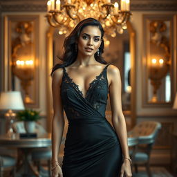 A glamorous, high-fashion photoshoot featuring an anonymous model exuding elegance and sophistication in a luxurious setting