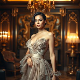 A glamorous, high-fashion photoshoot featuring an anonymous model exuding elegance and sophistication in a luxurious setting