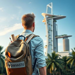 A young European architect with light hair stands with his back to the viewer, carrying a tourist backpack labeled "DIMVASTU"