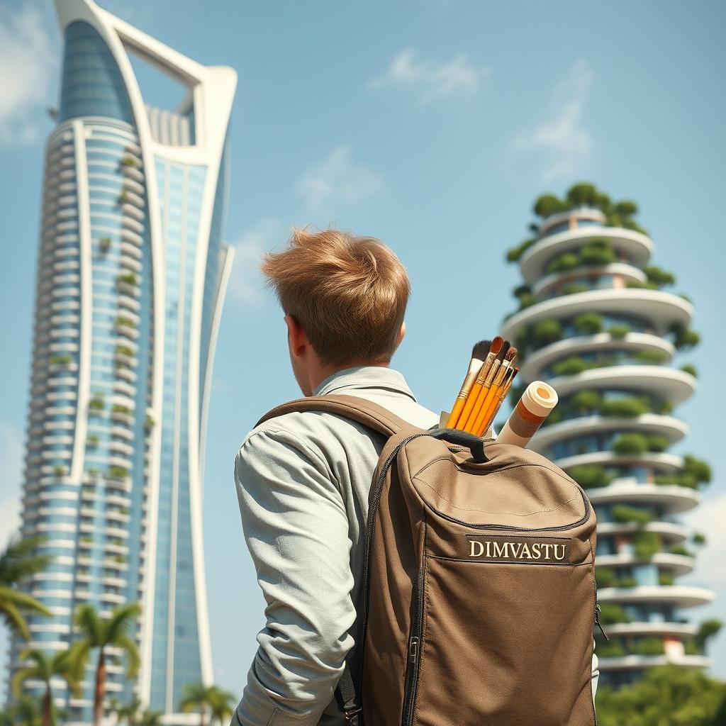 A young European architect with light hair stands with his back to the viewer, carrying a tourist backpack labeled "DIMVASTU"