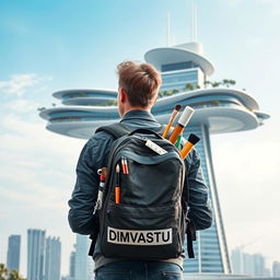 A young European architect with light hair stands with his back to the viewer, carrying a tourist backpack labeled "DIMVASTU"