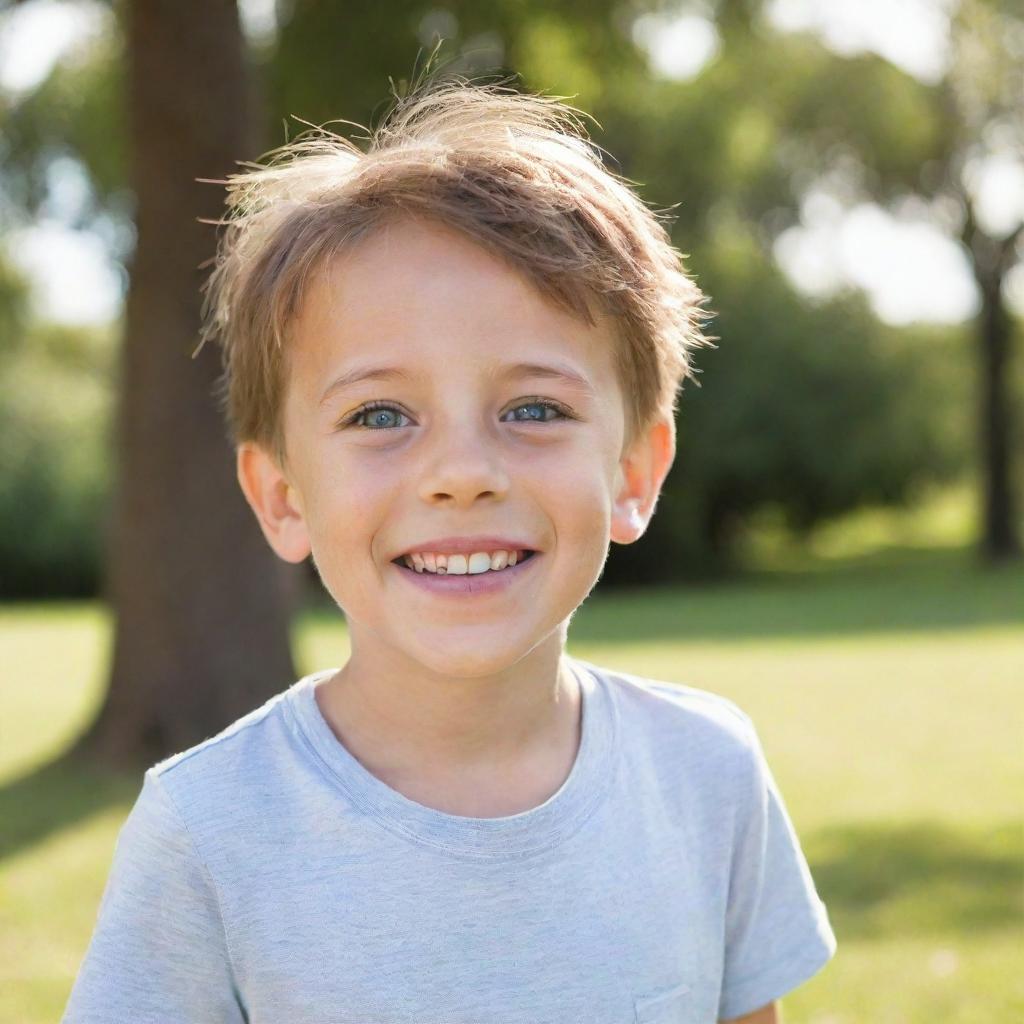 Adorable young boy with twinkling eyes, a lively smile, wearing casual summer clothes, and playing in a sunny park.