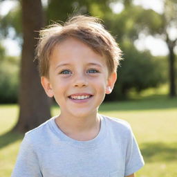 Adorable young boy with twinkling eyes, a lively smile, wearing casual summer clothes, and playing in a sunny park.