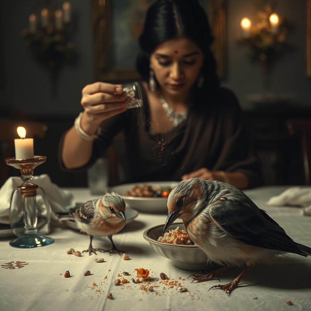 A surreal dinner table scene where Meena is subtly sprinkling sleep medicine over the food