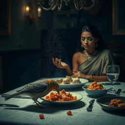 A surreal dinner table scene where Meena is subtly sprinkling sleep medicine over the food