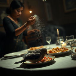 A surreal dinner table scene where Meena is subtly sprinkling sleep medicine over the food