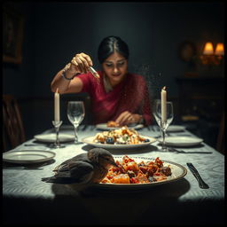 A surreal dinner table scene where Meena is subtly sprinkling sleep medicine over the food