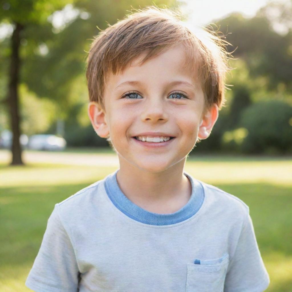 Adorable young boy with twinkling eyes, a lively smile, wearing casual summer clothes, and playing in a sunny park.