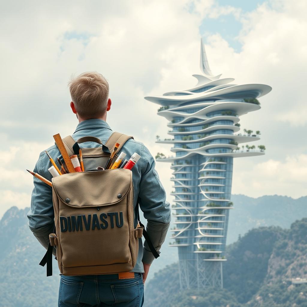 A young European architect with light hair stands with his back to the viewer, donning a tourist backpack marked with 'DIMVASTU' in bold letters