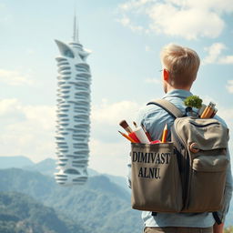 A young European architect with light hair stands with his back to the viewer, donning a tourist backpack marked with 'DIMVASTU' in bold letters