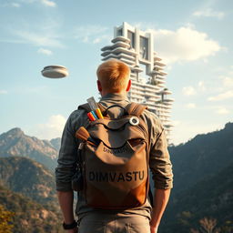 A young European architect with light hair stands with his back to the viewer, donning a tourist backpack marked with 'DIMVASTU' in bold letters